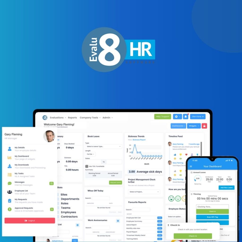 Evalu-8 HR software dashboard and mobile app.