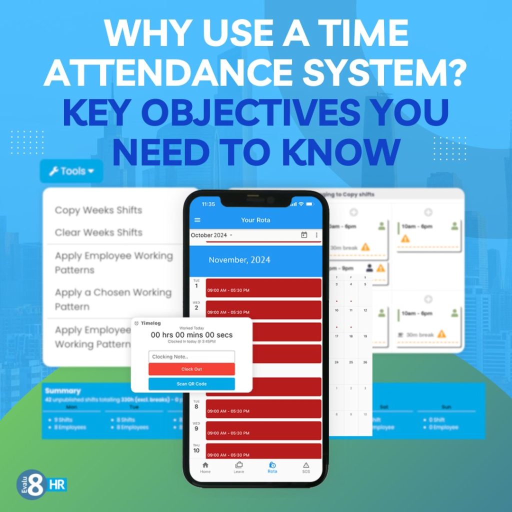 Mobile phone displaying a rota in a time and attendance app with employee shifts and working hours.