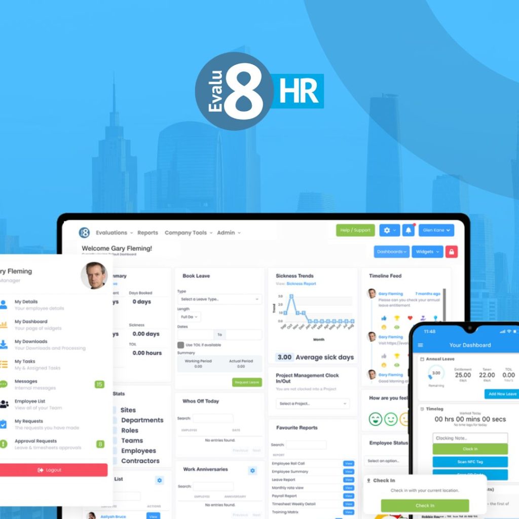 Evalu-8 HR desktop and app highlighting key features of the HR software.