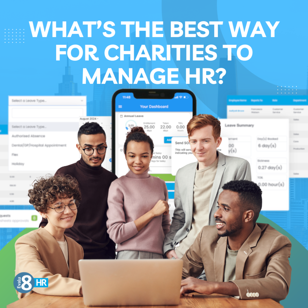 Charity employees smiling while using Evalu-8 HR software on a laptop, showcasing an easy-to-use HR system for managing compliance, payroll, and volunteer coordination.