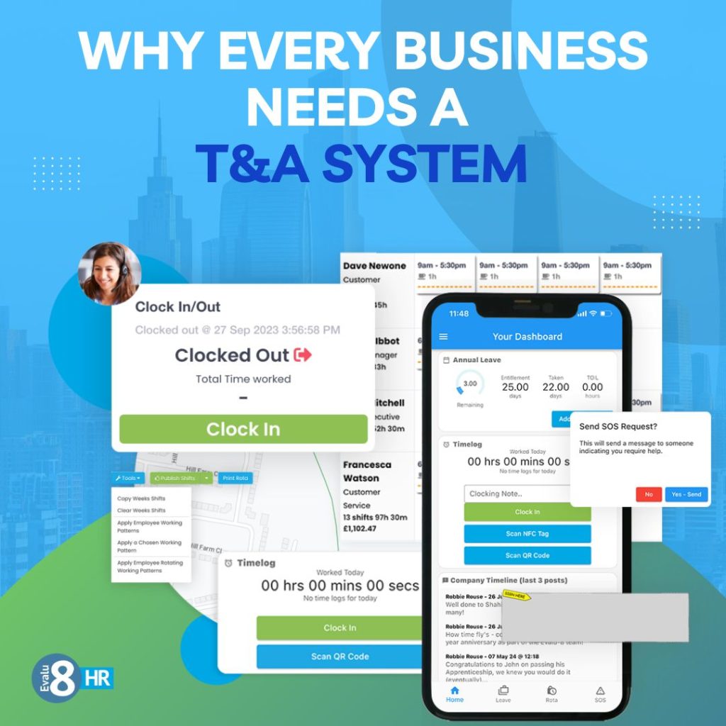 HR software displaying real-time employee attendance, clock-in records, and shift schedules on a digital dashboard.