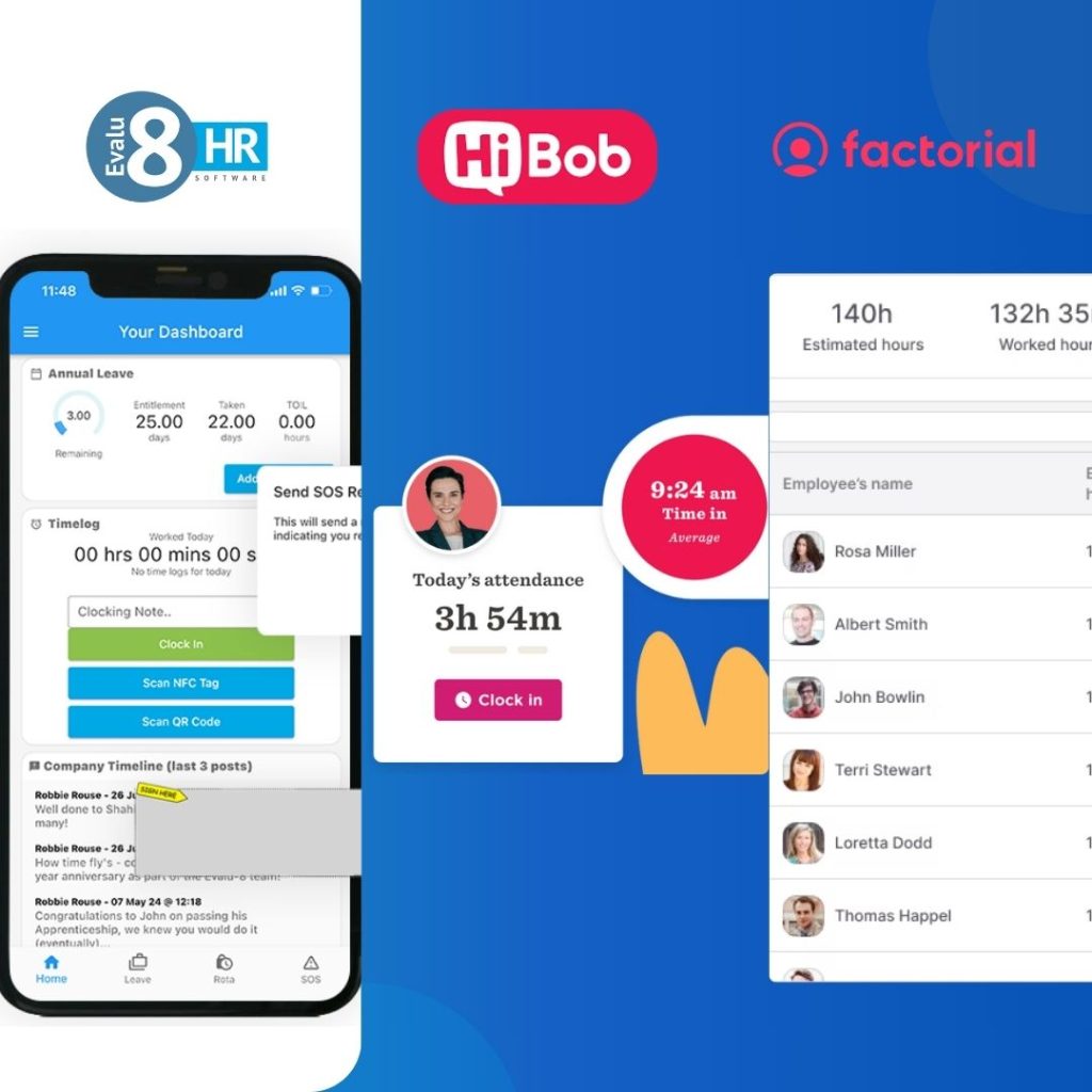 Comparison image showing the logos of Evalu-8 HR, HiBob, and Factorial, representing time and attendance software options for UK businesses.