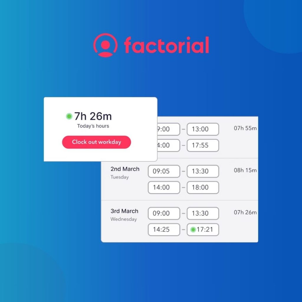 Factorial time and attendance software interface highlighting time tracking, leave management, and workforce insights.