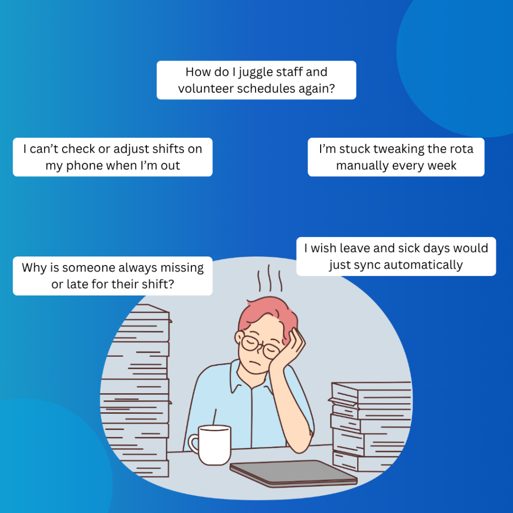 Illustration of a tired scheduler sitting at a desk surrounded by tall stacks of paperwork, with thought bubbles around them reading: “How do I juggle staff and volunteer schedules again?”, “Why is someone always missing or late for their shift?”, “I wish leave and sick days would just sync automatically”, “I’m stuck tweaking the rota manually every week”, and “I can’t check or adjust shifts on my phone when I’m out.” The background is blue, emphasizing the person’s frustration with manual rota management.