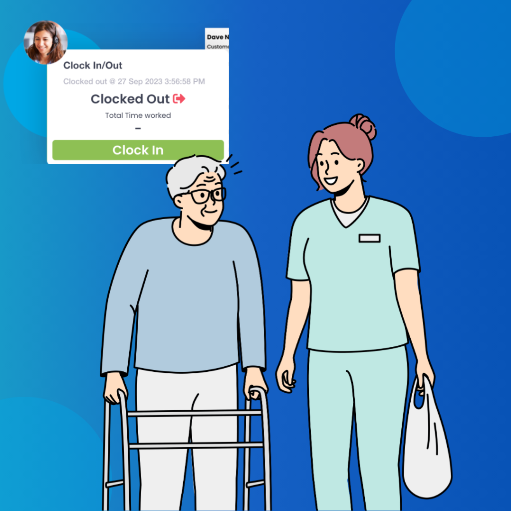 Illustration on a blue background showing an elderly person with a walker walking alongside a smiling caregiver; above them is a pop-up clock in/out interface displaying “Clocked Out” and a green “Clock In” button.