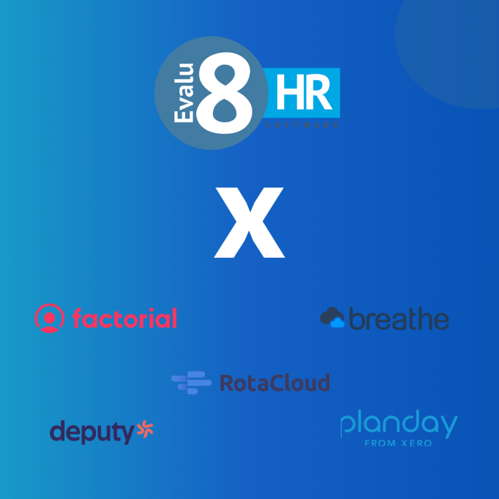 Evalu-8 HR logo and competitor logos such as Factorial, Planday, Deputy, Breathe, ROTAcloud