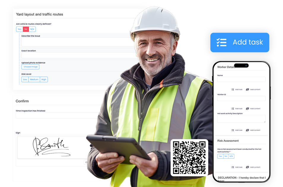 Evalu-8 EHS audits and inspections software showing inspection forms, task creation, mobile completion, evidence capture and QR access