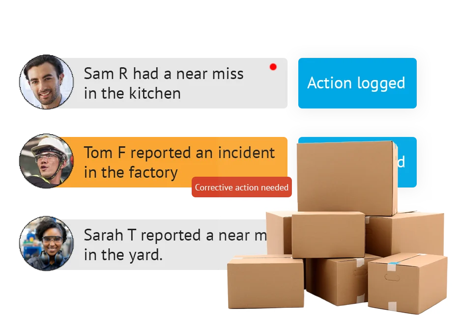 Incident and near-miss reports with actions logged and a corrective action needed