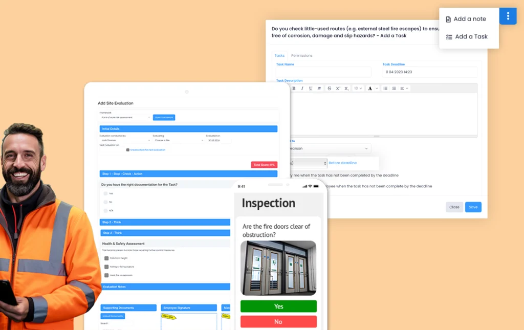 Site evaluation form, task form and a mobile inspection asking whether fire doors are clear, beside a worker