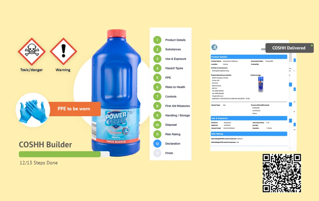 COSHH builder steps with hazard symbols, PPE to be worn and a delivered COSHH assessment