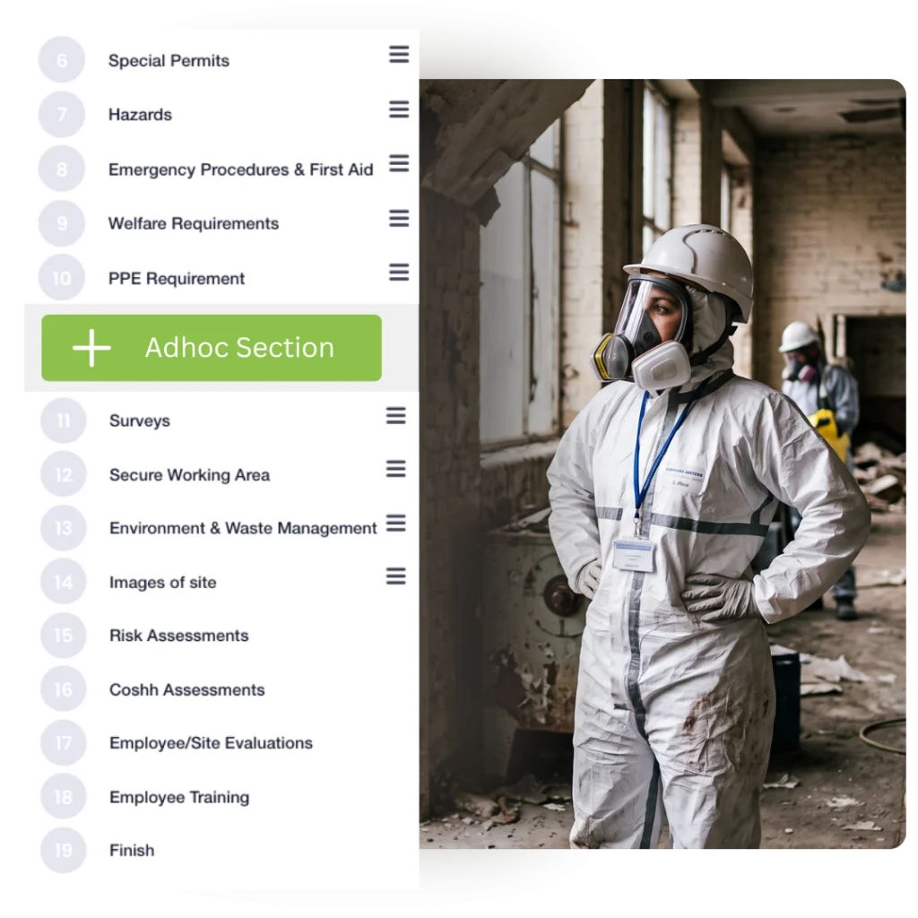 RAMS section list with an Adhoc Section button, beside an asbestos removal worker in protective equipment