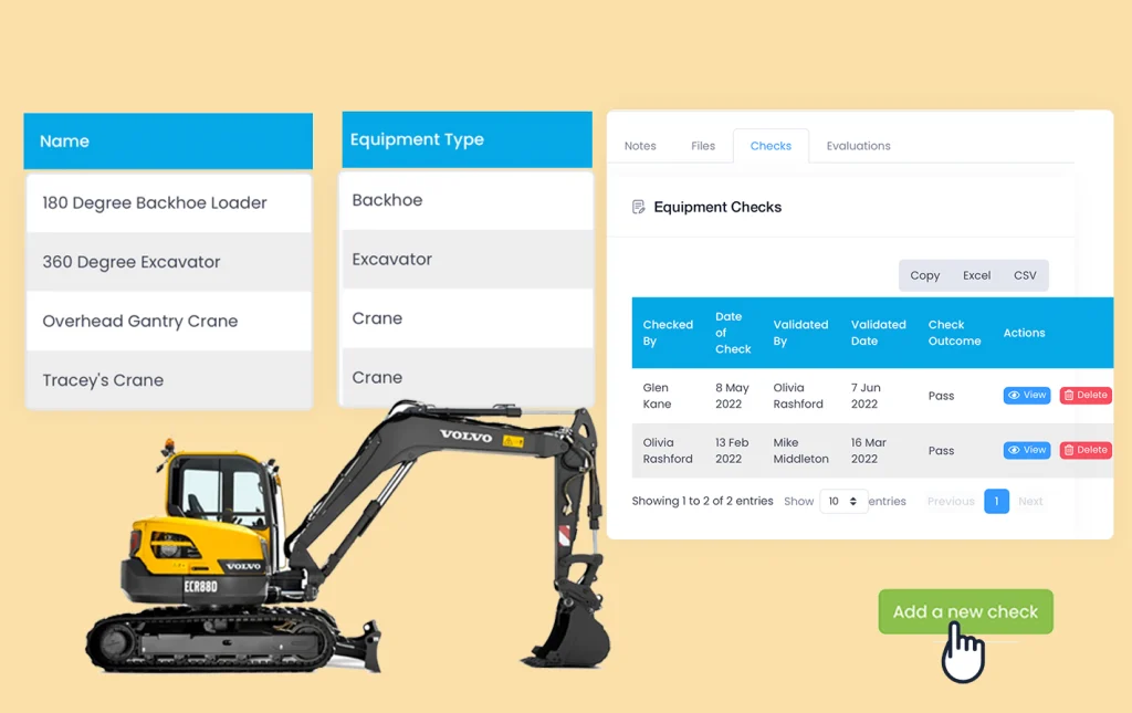 Equipment list with inspection checks and an Add a new check button, beside an excavator