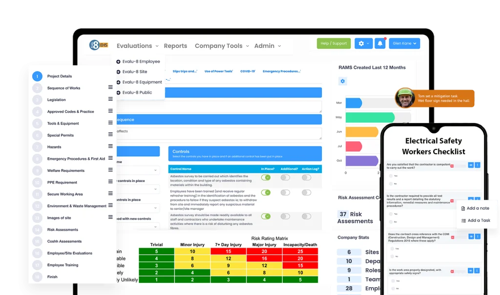 Evalu-8 EHS software dashboard shown on desktop and mobile
