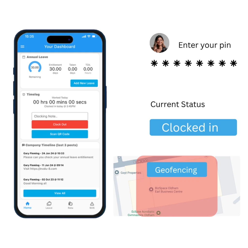 Mobile clock-in options: app dashboard, PIN entry, clocked-in status and geofencing map
