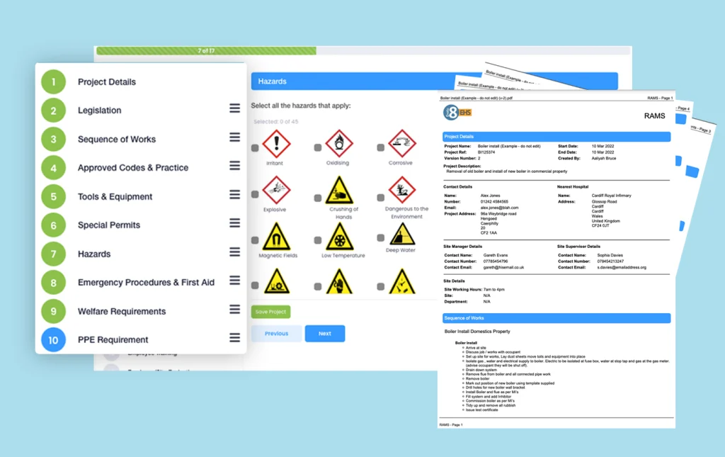 RAMS builder steps with hazard symbols to select and a finished RAMS document