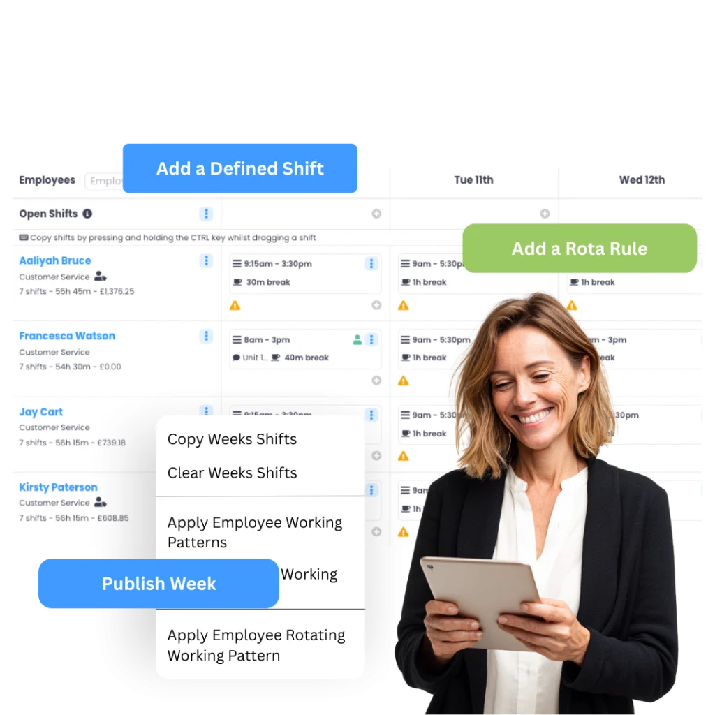 Rota scheduler with shift options and a Publish Week button, beside a woman with a tablet