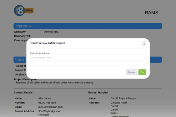 Add a new RAMS project dialog over a RAMS document