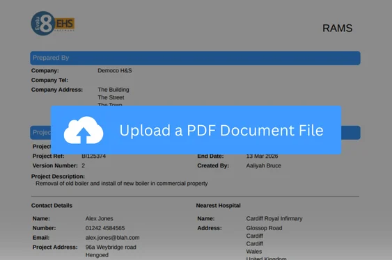 Upload a PDF document file button over a RAMS document