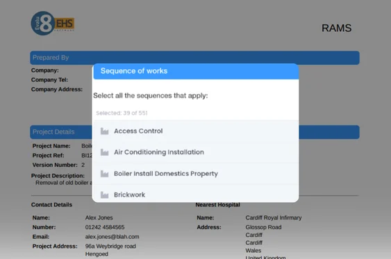 Sequence of works list to select from, over a RAMS document