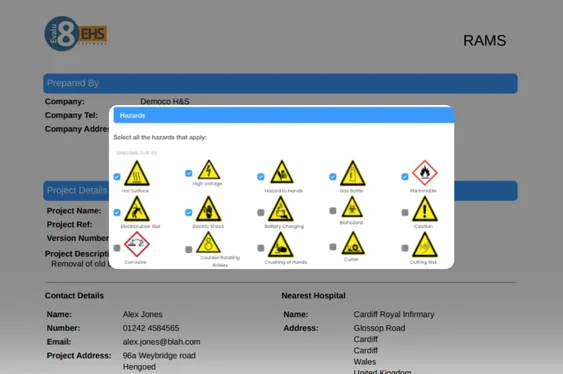 Hazard symbols to select, over a RAMS document
