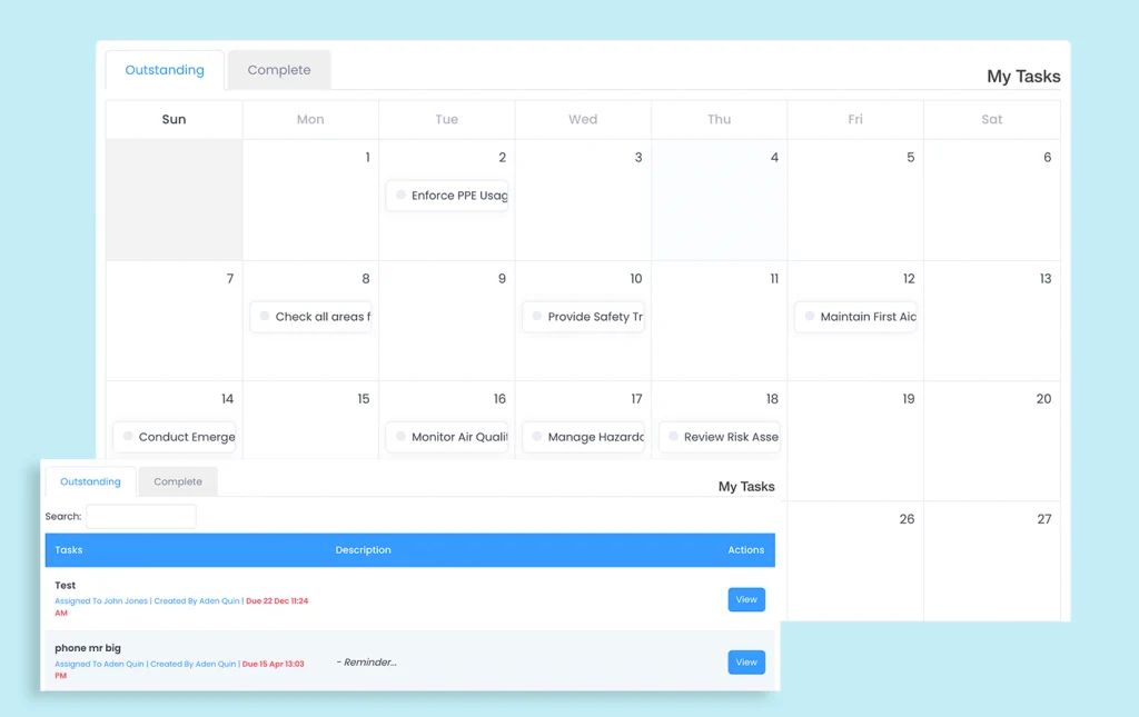 Safety task calendar and task list with outstanding tasks
