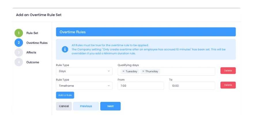 Add an Overtime Rule Set form with qualifying days and times