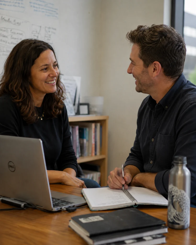 Two colleagues talking at a table with a laptop and notebook