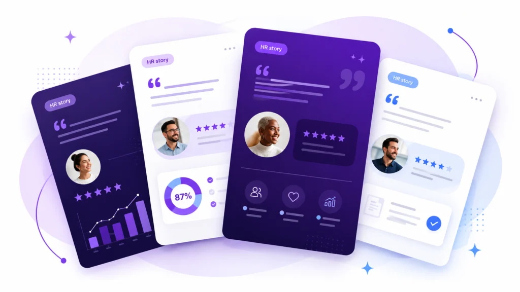 Illustrated HR story cards with star ratings and charts