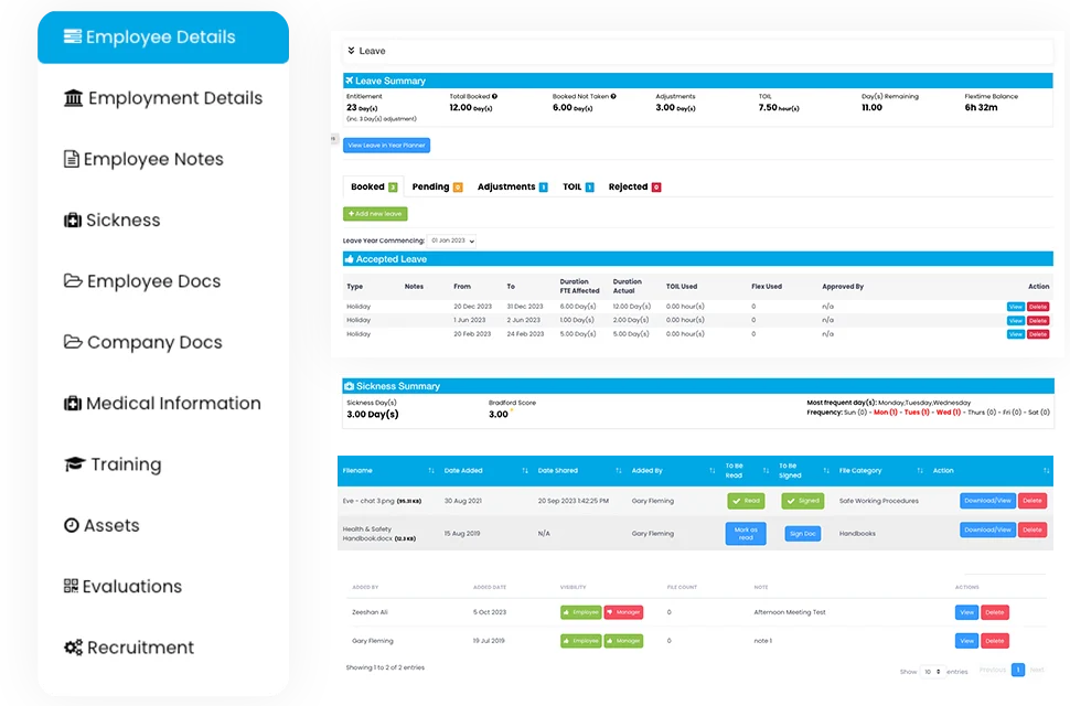 Employee record menu (details, sickness, documents, training, assets) with leave and sickness summaries