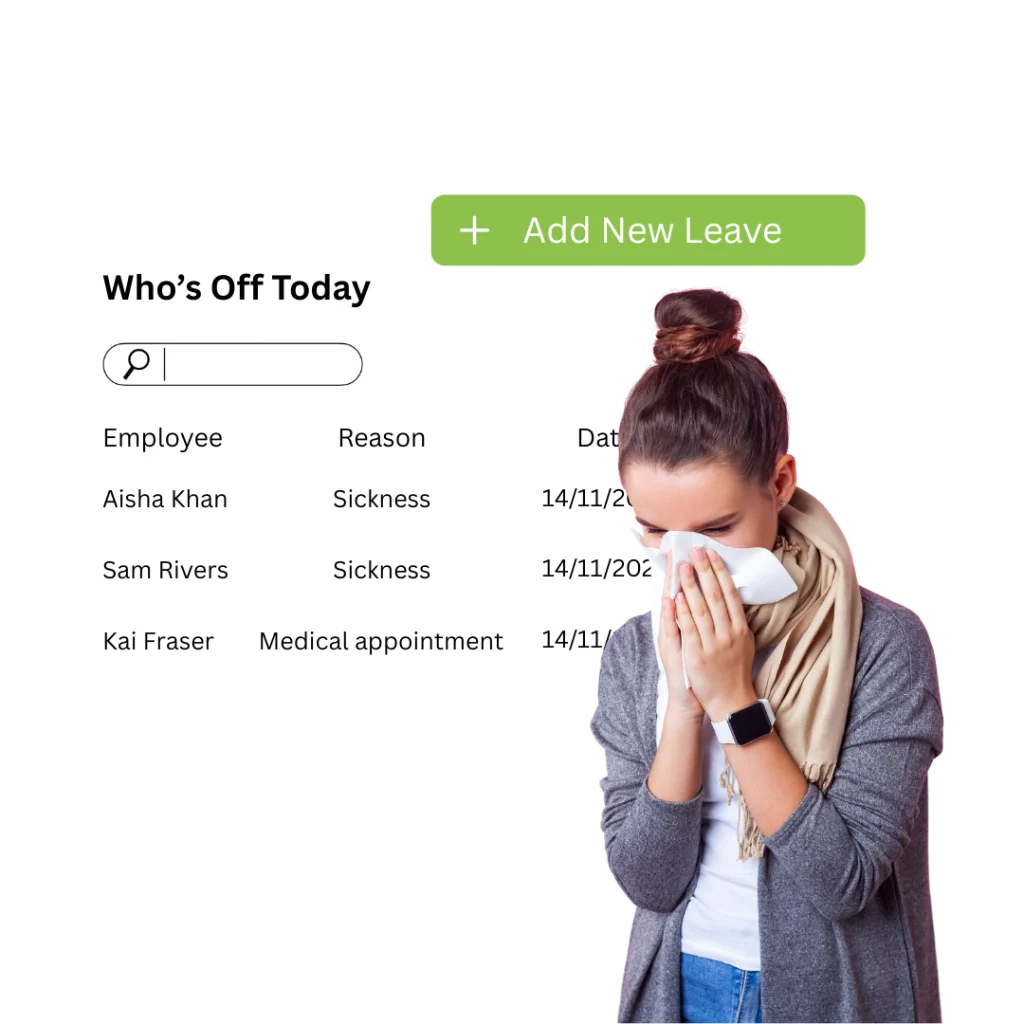 Who's Off Today list showing staff off sick, beside a woman with a cold