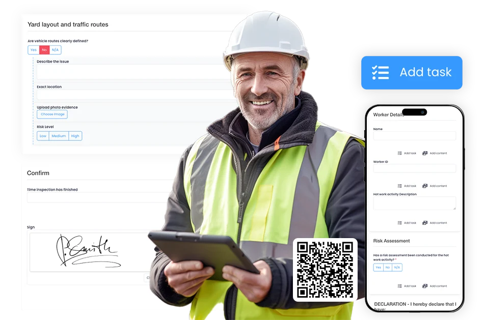 Site worker with a tablet beside an inspection form with photo evidence, a sign-off and a mobile form with a QR code