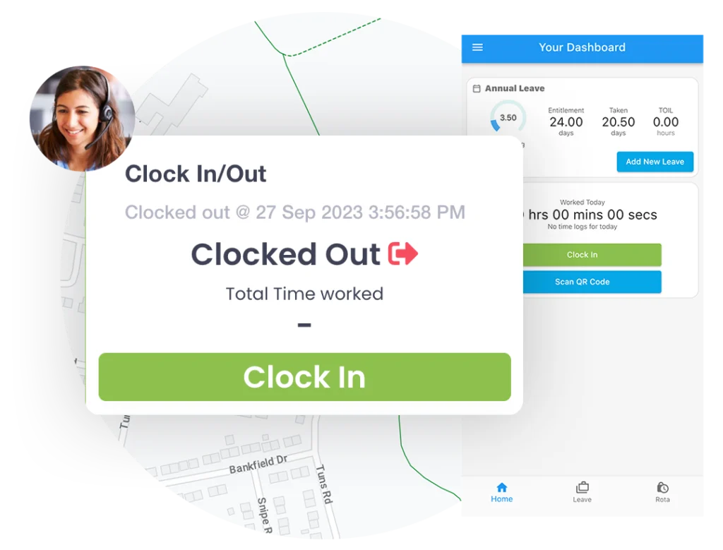 Clock In/Out screen and mobile dashboard over a map of the work site