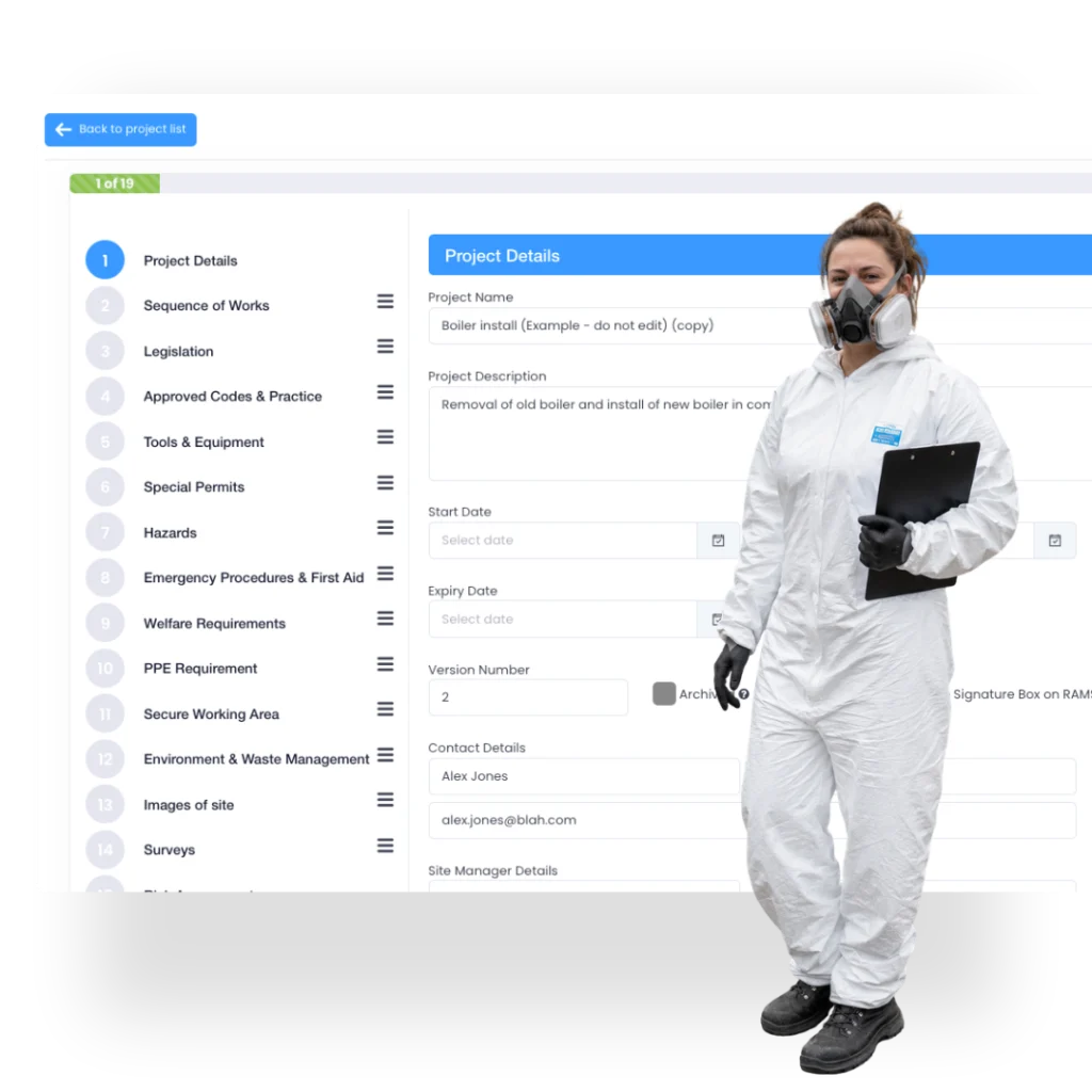 RAMS project details form with section steps, beside a worker in a protective suit holding a clipboard