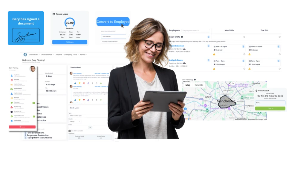 HR dashboard, document signing, annual leave, rota and a staff location map, beside a woman with a tablet