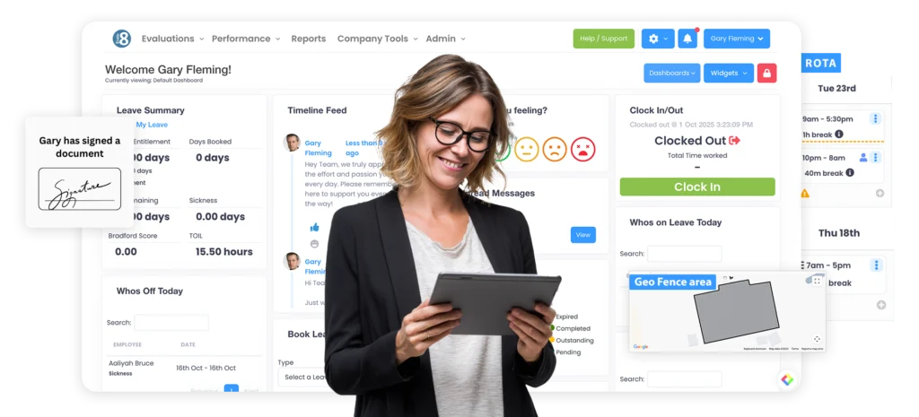 HR dashboard with leave summary, timeline, clock-in, rota and a geofence map, beside a woman with a tablet