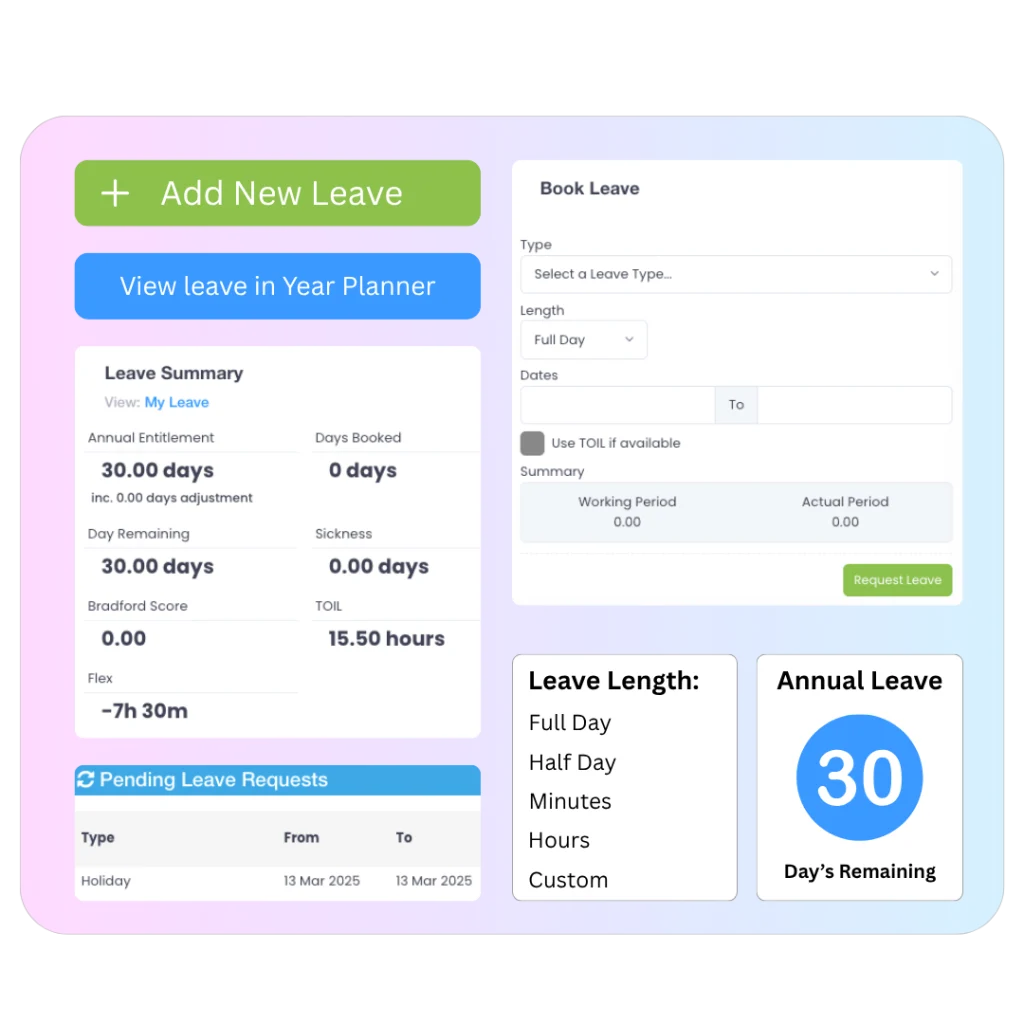 Employee leave screens: add leave, leave summary, booking form and 30 days remaining