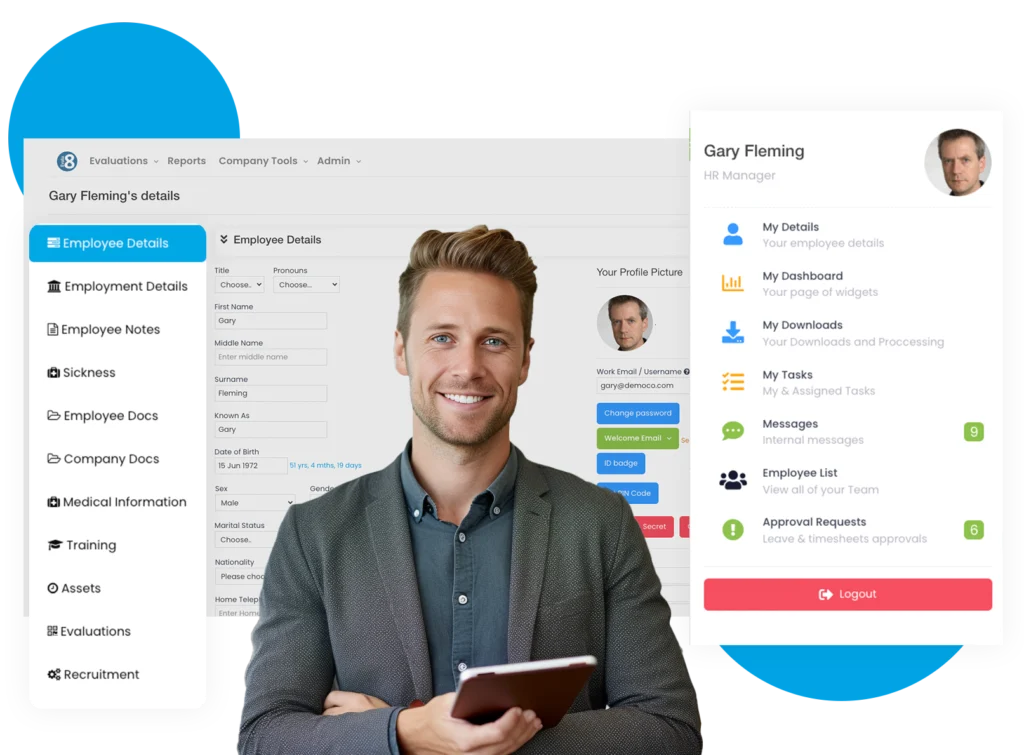 Employee details dashboard with the HR manager’s menu, beside a smiling man holding a tablet