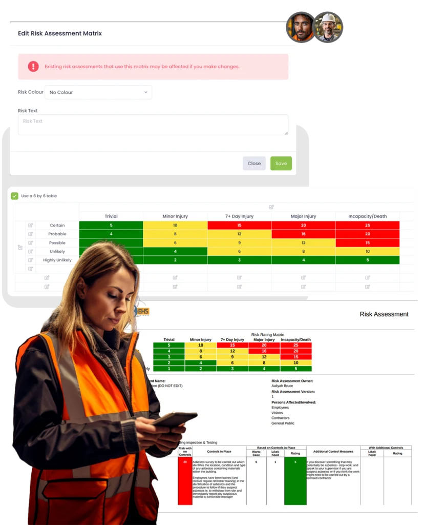 Risk matrix editor and a risk assessment document, beside a worker checking her phone
