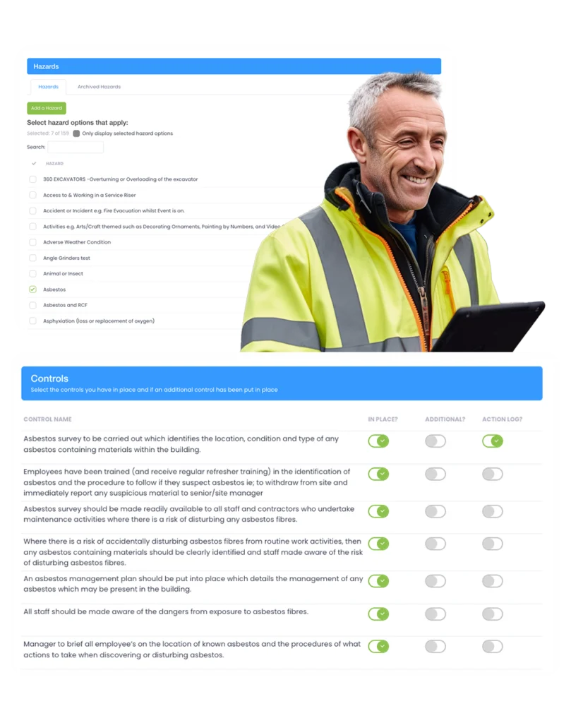 Hazard selection and asbestos control measures, beside a smiling worker with a tablet