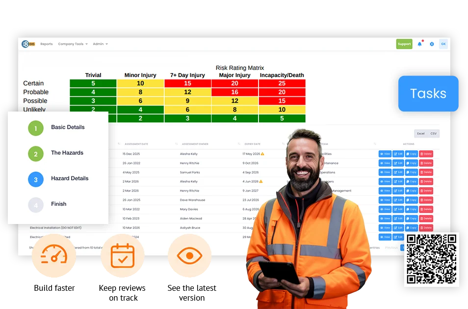Risk assessment list with a risk matrix and steps, beside a worker with a tablet, with Build faster, Keep reviews on track and See the latest version