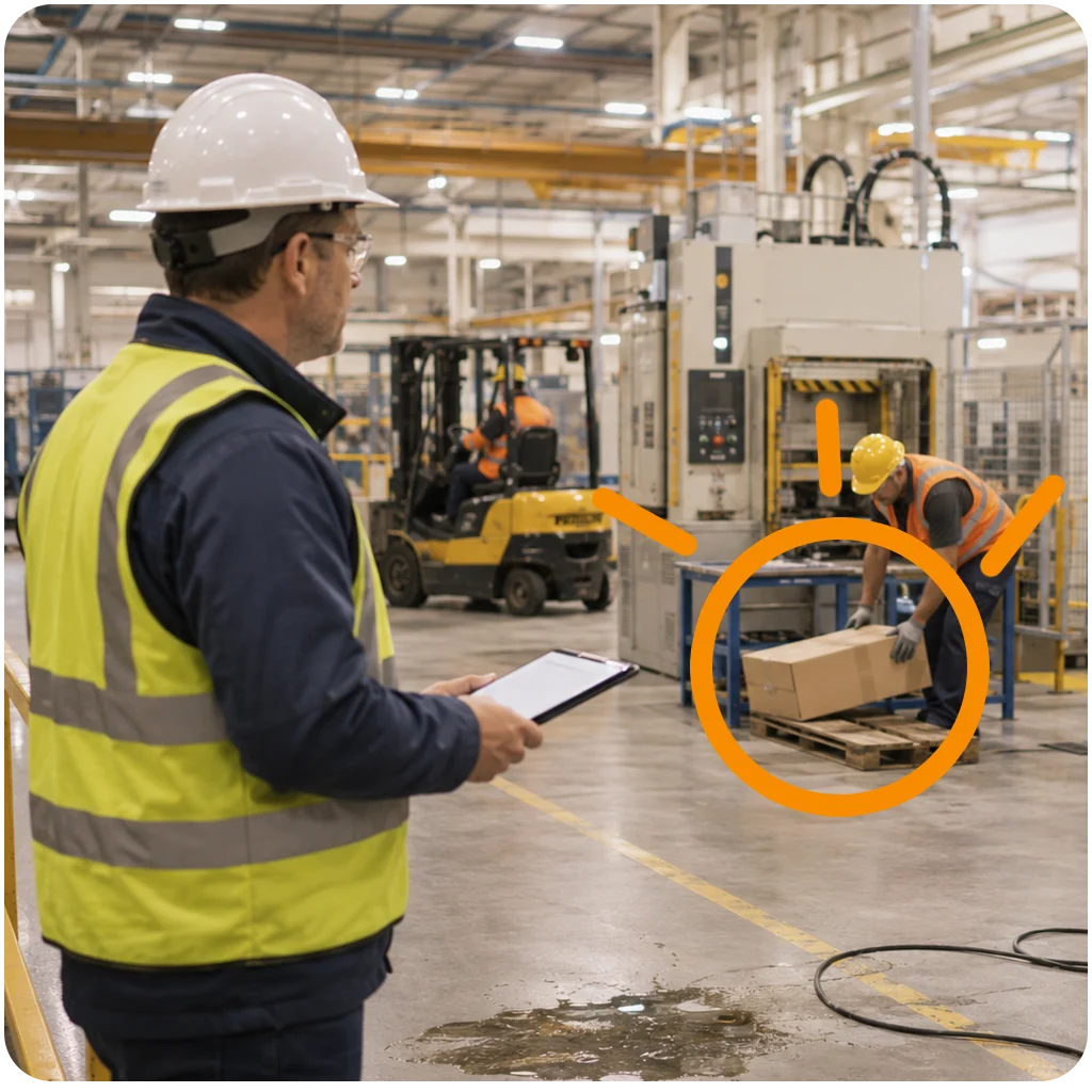 Supervisor with a clipboard watching a worker lift a box in a factory, with the lift highlighted