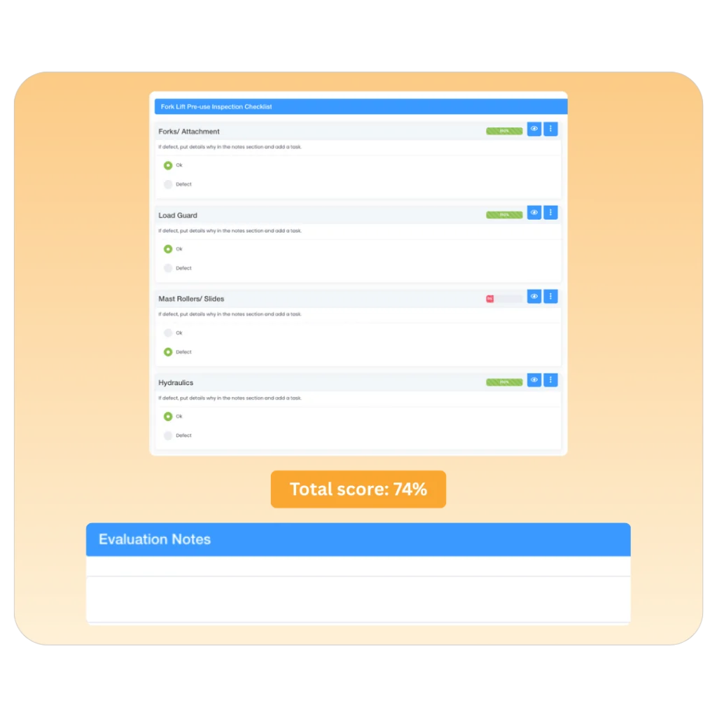 Forklift pre-use inspection checklist with a total score of 74%
