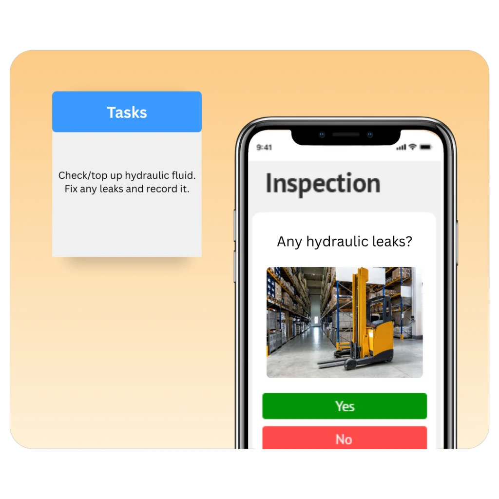 Maintenance task and a mobile inspection asking whether there are hydraulic leaks