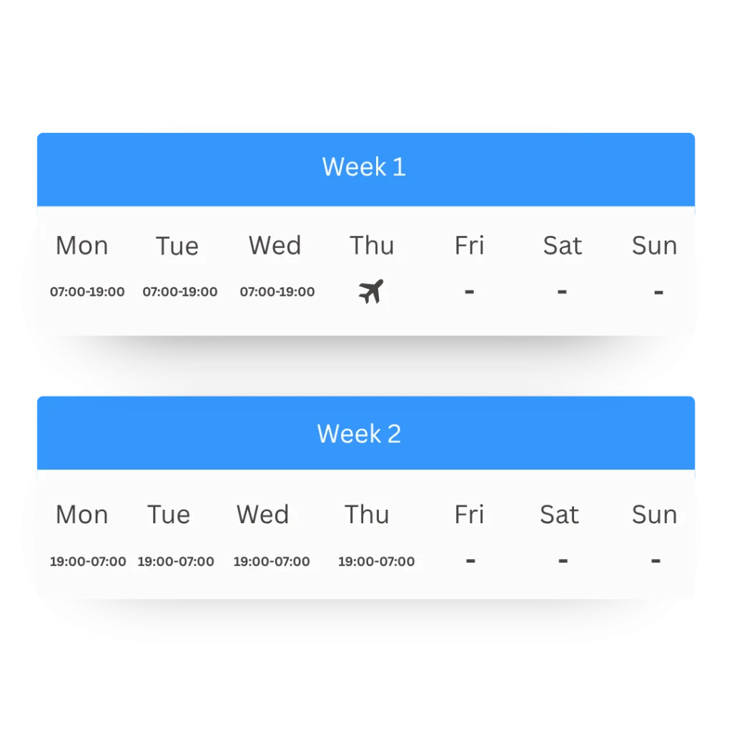Two-week rotating pattern with day shifts in week one and night shifts in week two
