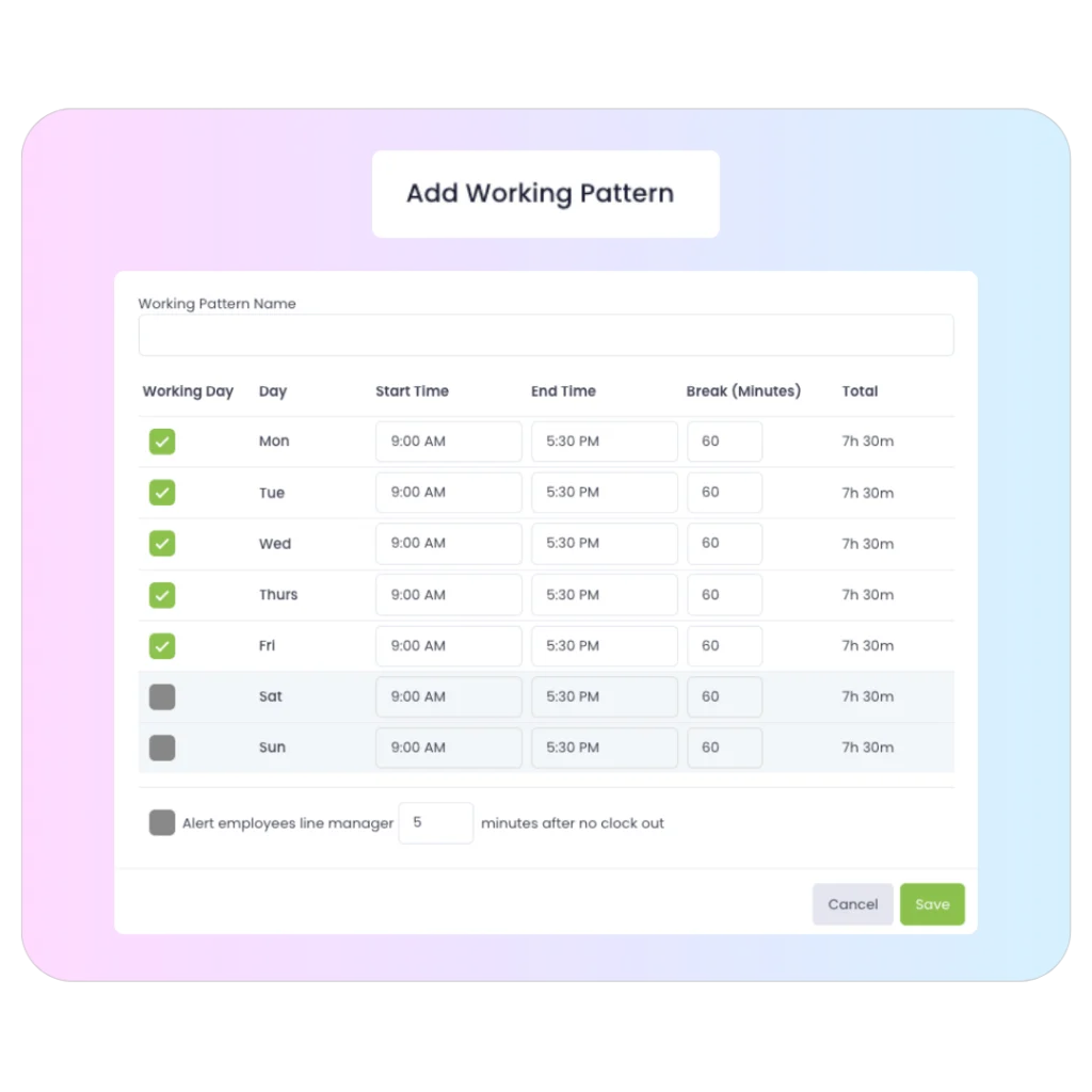 Add Working Pattern form with working days, times and breaks