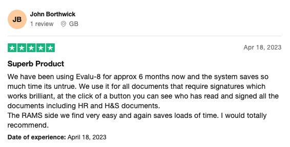 Five-star Trustpilot review from John Borthwick titled Superb Product