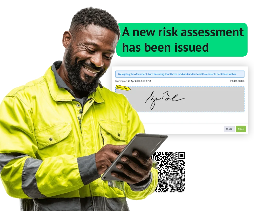 Worker signing a risk assessment on a tablet, with a notification that a new risk assessment has been issued