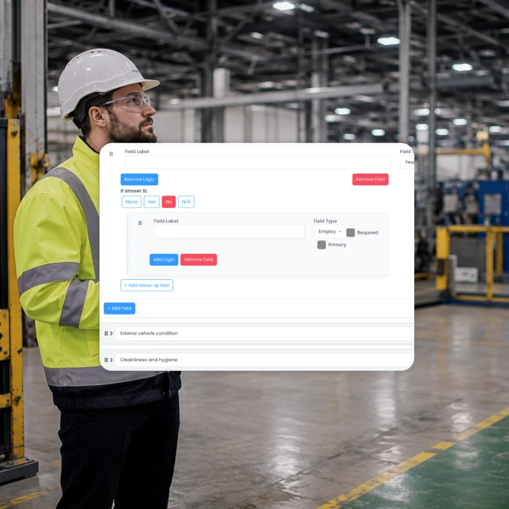 Inspector in a factory beside the inspection checklist builder
