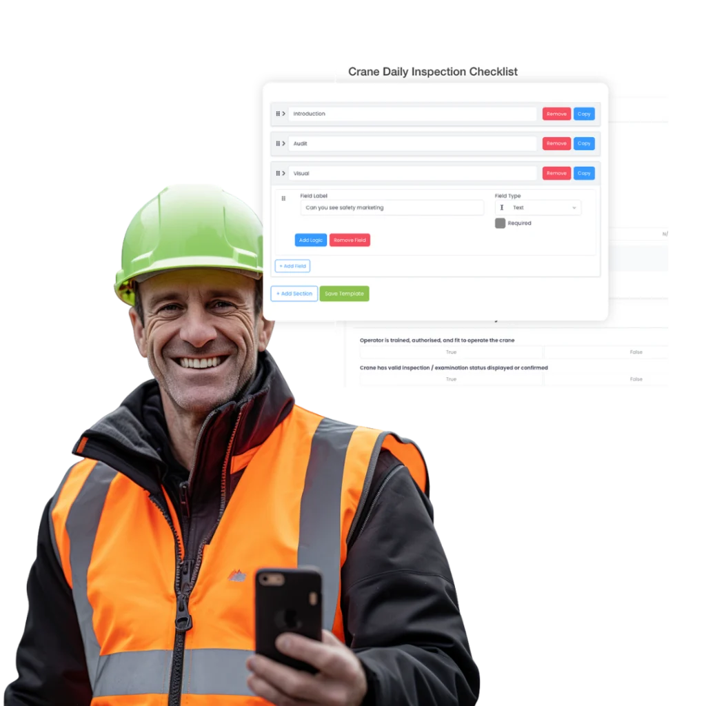 Worker with a phone beside a crane daily inspection checklist template