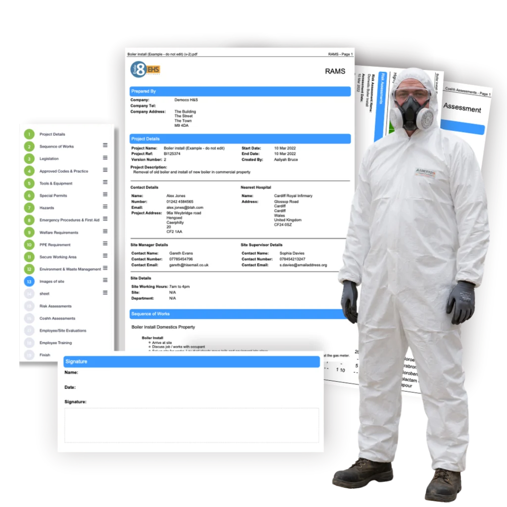RAMS document pages beside an asbestos removal worker in a protective suit and respirator
